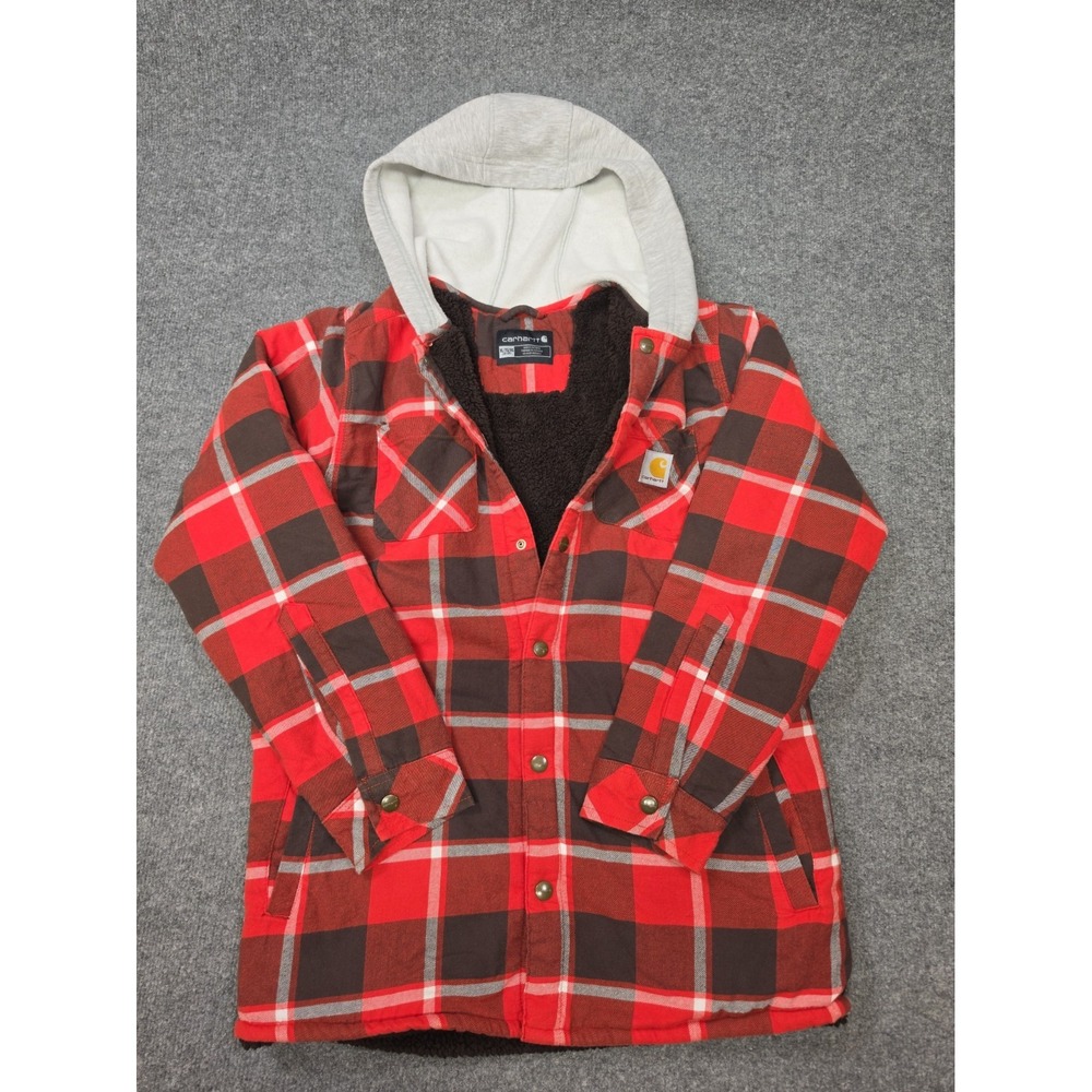 Carhartt Youth XL (18/20) Plaid Hooded Shirt Jacket Sherpa Lined Red Black